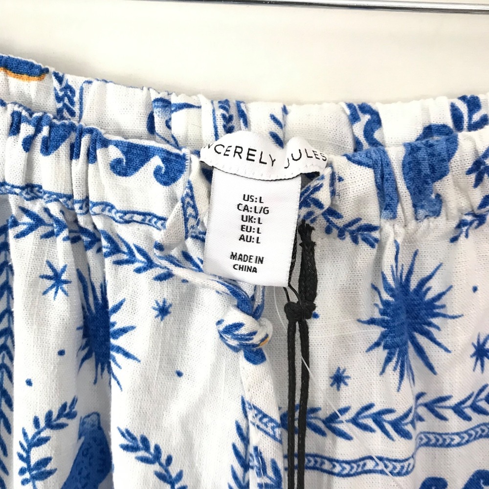 SINCERELY JULES Cream Blue Linen Blend Elastic Waist Wide Leg Pants Size L - NEW - Picture 3 of 8